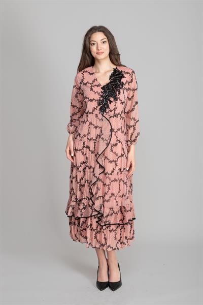 V Yaka Floklu Simli Elbise