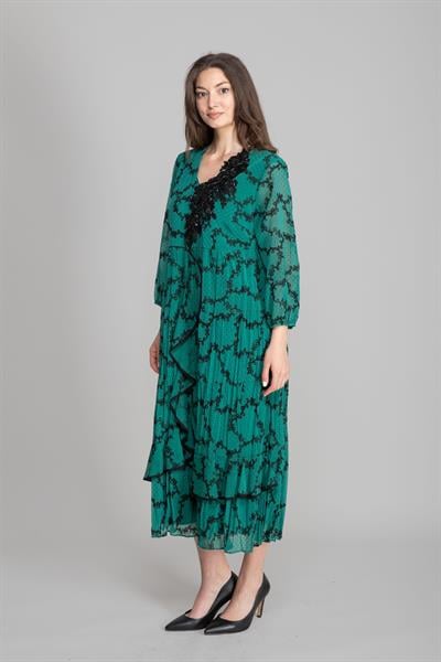 V Yaka Floklu Simli Elbise