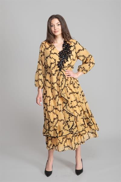 V Yaka Floklu Simli Elbise