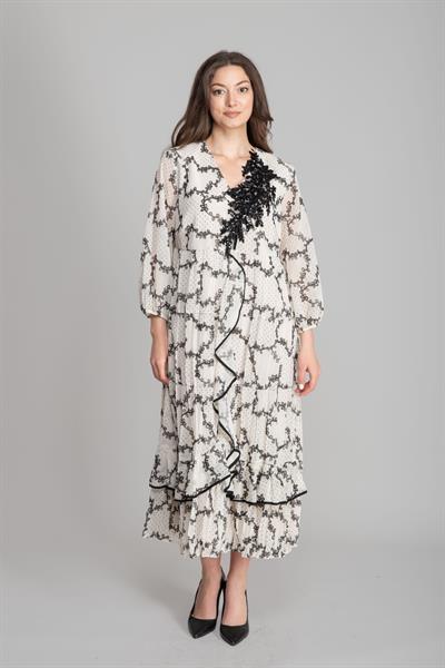 V Yaka Floklu Simli Elbise