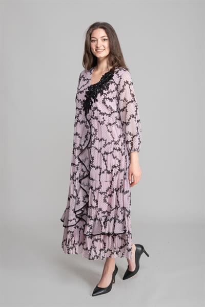 V Yaka Floklu Simli Elbise