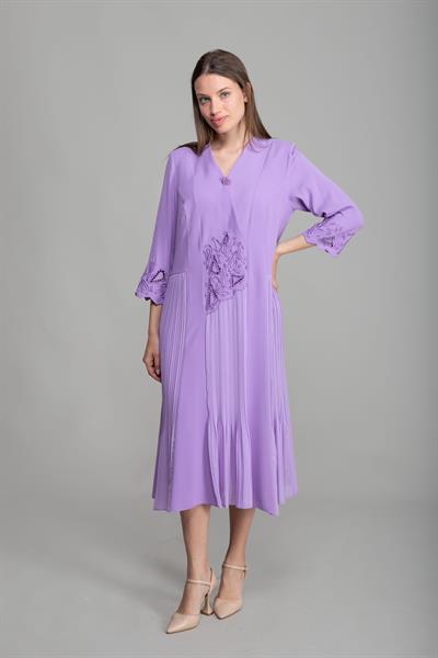 V Yaka Nakışlı İncili Elbise