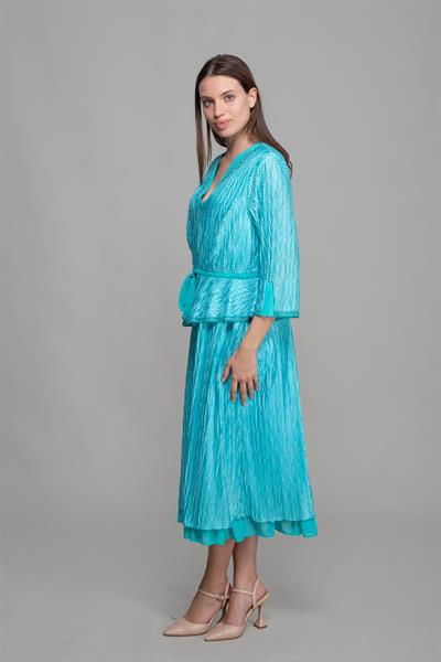 V Yaka Piliseli Jakarlı Elbise