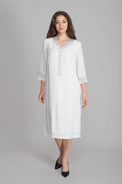 V Yaka Puanli Fularlı Elbise