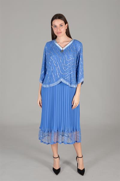 V Yaka Şifon Taşlı Elbise