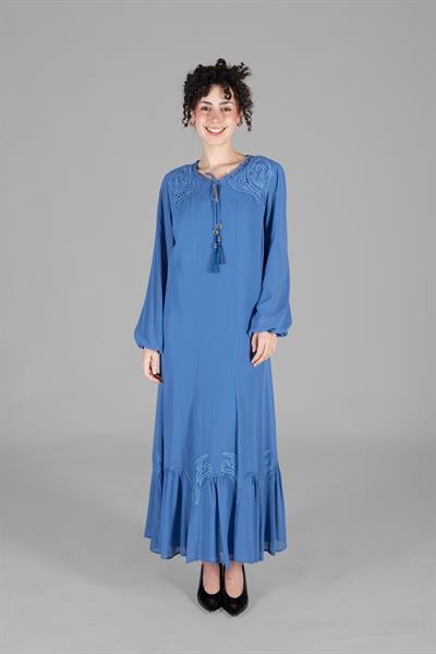 Yuvarlak Yaka Multi Şifon Nakışlı Elbise