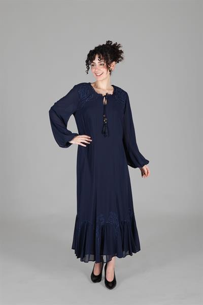 Yuvarlak Yaka Multi Şifon Nakışlı Elbise