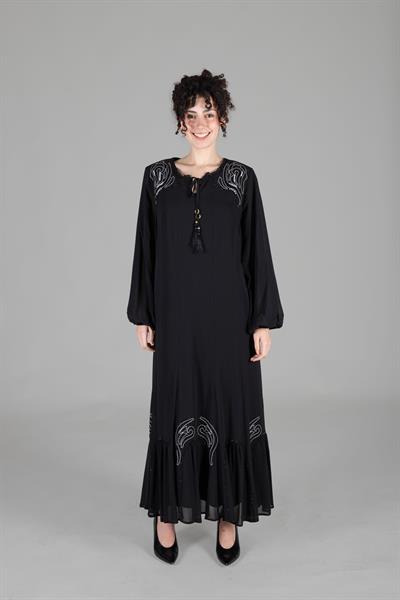 Yuvarlak Yaka Multi Şifon Nakışlı Elbise