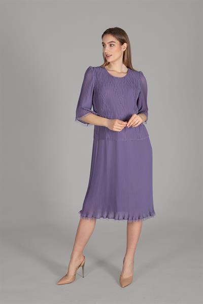 Yuvarlak Yaka Piliseli Şifon Elbise