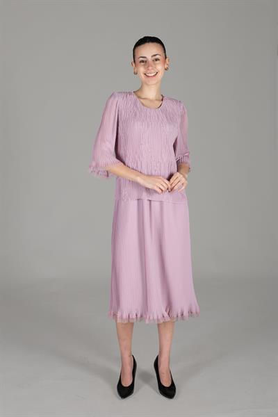 Yuvarlak Yaka Piliseli Şifon Elbise