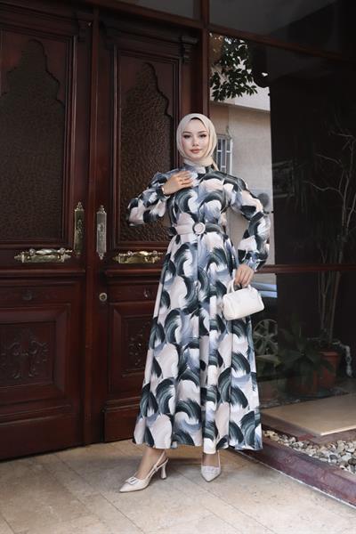 Elegant Wave Desenli Kuşaklı Elbise