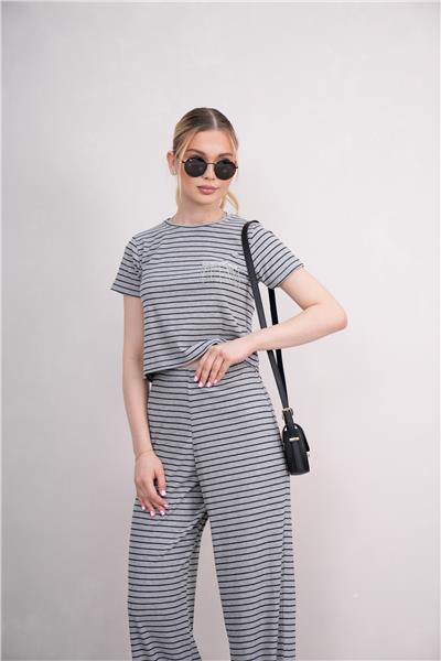 Çizgili Croplu Eşofman Takımı Bisiklet Yakalı 25114