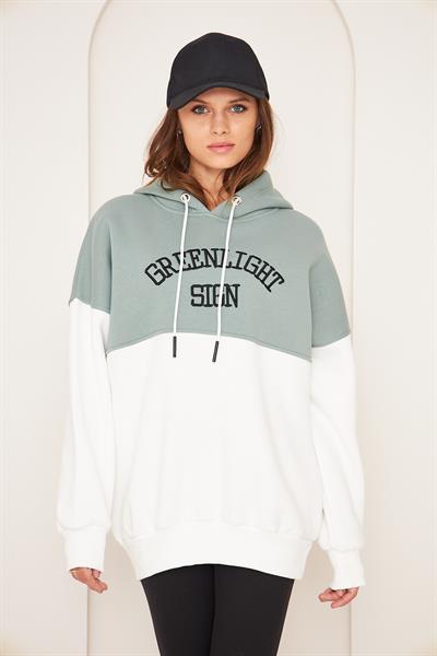 Kadın 3 Iplik Içi Şardonlu Kapşonlu Uzun Oversize Sweatshirt Çağla