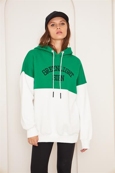 Kadın 3 Iplik Içi Şardonlu Kapşonlu Uzun Oversize Sweatshirt Yeşil