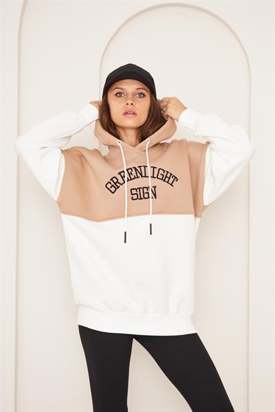 Kadın 3 Iplik Içi Şardonlu Kapşonlu Uzun Oversize Sweatshirt Vizon