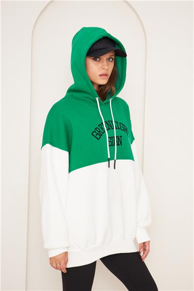 Kadın 3 İplik İçi Şardonlu Kapüşonlu Uzun Oversize Sweatshirt Yeşil