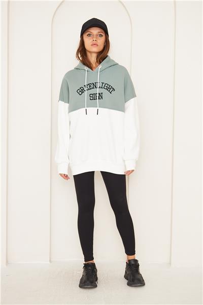 Kadın 3 İplik İçi Şardonlu Kapüşonlu Uzun Oversize Sweatshirt Çağla