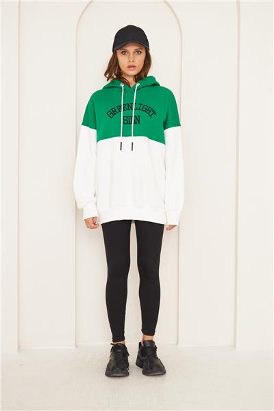 Kadın 3 İplik İçi Şardonlu Kapüşonlu Uzun Oversize Sweatshirt Yeşil