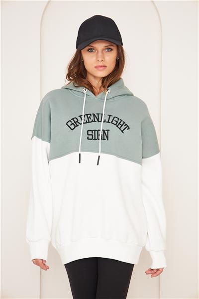 Kadın 3 İplik İçi Şardonlu Kapüşonlu Uzun Oversize Sweatshirt Çağla