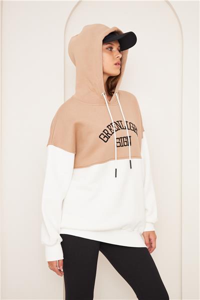 Kadın 3 İplik İçi Şardonlu Kapüşonlu Uzun Oversize Sweatshirt Vizon