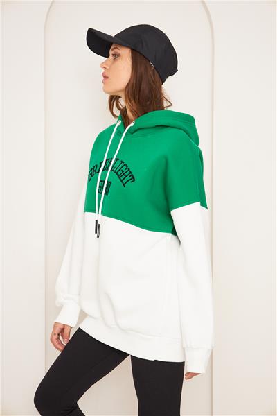 Kadın 3 İplik İçi Şardonlu Kapüşonlu Uzun Oversize Sweatshirt Yeşil