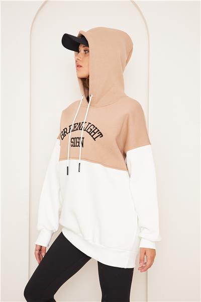 Kadın 3 İplik İçi Şardonlu Kapüşonlu Uzun Oversize Sweatshirt Vizon