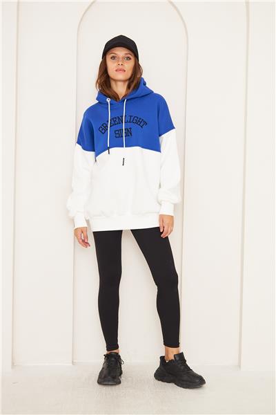 Kadın 3 İplik İçi Şardonlu Kapüşonlu Uzun Oversize Sweatshirt Saks