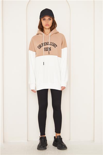 Kadın 3 İplik İçi Şardonlu Kapüşonlu Uzun Oversize Sweatshirt Vizon
