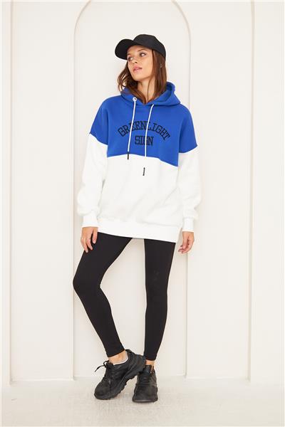 Kadın 3 İplik İçi Şardonlu Kapüşonlu Uzun Oversize Sweatshirt Saks