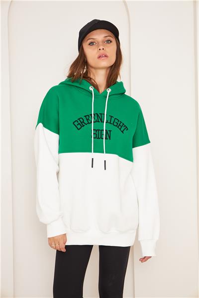 Kadın 3 İplik İçi Şardonlu Kapüşonlu Uzun Oversize Sweatshirt Yeşil