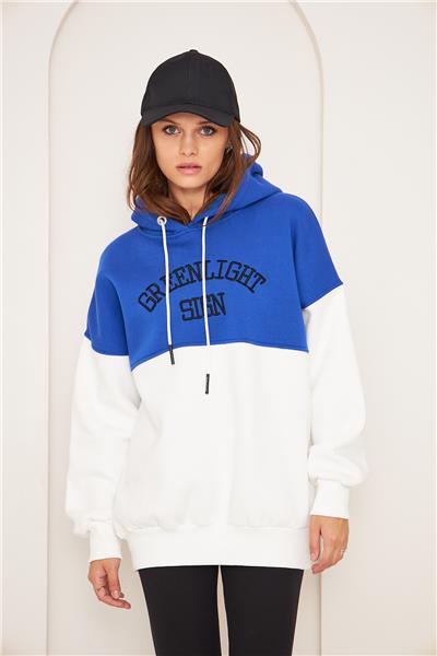 Kadın 3 İplik İçi Şardonlu Kapüşonlu Uzun Oversize Sweatshirt Saks
