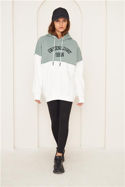 Kadın 3 İplik İçi Şardonlu Kapüşonlu Uzun Oversize Sweatshirt Çağla