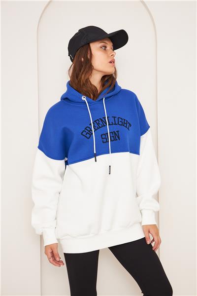 Kadın 3 İplik İçi Şardonlu Kapüşonlu Uzun Oversize Sweatshirt Saks