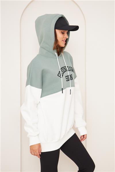 Kadın 3 İplik İçi Şardonlu Kapüşonlu Uzun Oversize Sweatshirt Çağla