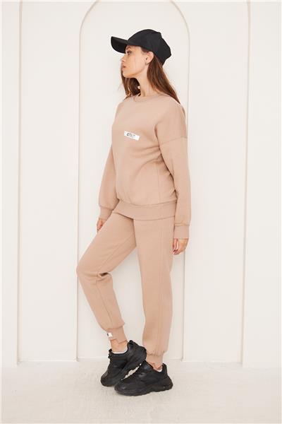 Kadın 3 İplik Kumaş İçi Şardonlu Cepli Eşofman Takımı Oversize Vizon