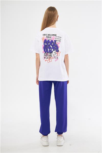 Kadın Arka Baskılı Oversize Kısa Kollu Yazlık Eşofman Takımı 24017 Sax