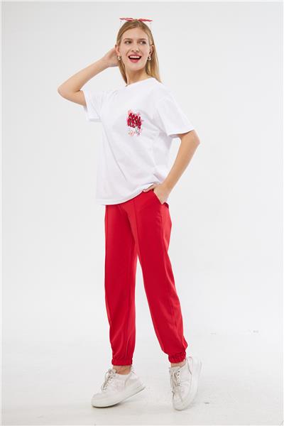 Kadın Arka Baskılı Oversize Kısa Kollu Yazlık Eşofman Takımı 24017 Kırmızı