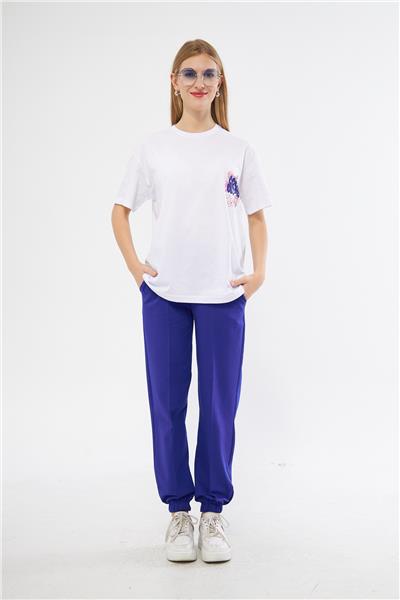 Kadın Arka Baskılı Oversize Kısa Kollu Yazlık Eşofman Takımı 24017 Sax