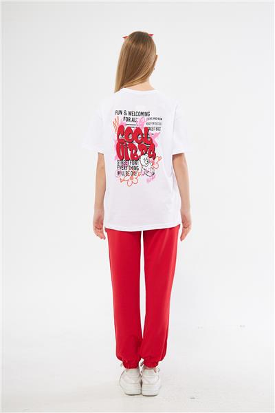 Kadın Arka Baskılı Oversize Kısa Kollu Yazlık Eşofman Takımı 24017 Kırmızı