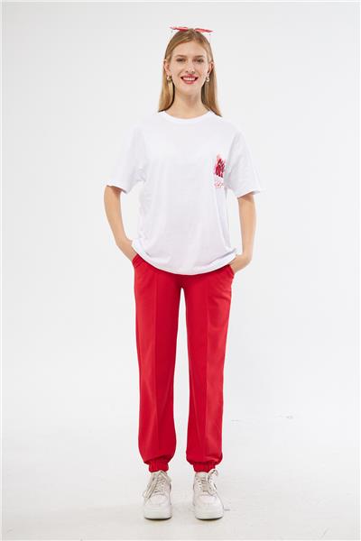 Kadın Arka Baskılı Oversize Kısa Kollu Yazlık Eşofman Takımı 24017 Kırmızı