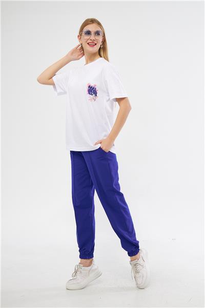 Kadın Arka Baskılı Oversize Kısa Kollu Yazlık Eşofman Takımı 24017 Sax