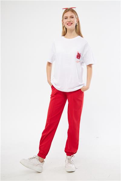 Kadın Arka Baskılı Oversize Kısa Kollu Yazlık Eşofman Takımı 24017 Kırmızı