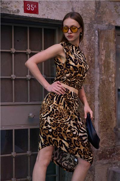 Kadın Asimetrik Etekli Viskon İkili Takım Bodycon