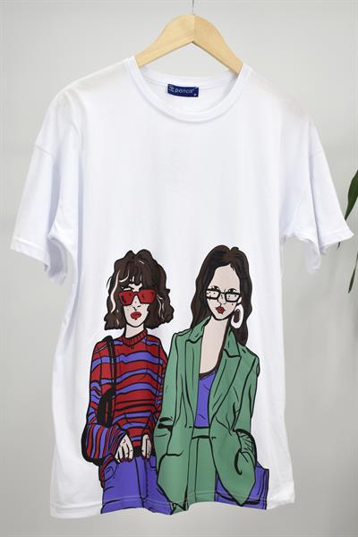 Kadın Baskılı Penye Tişört 23065 Beyaz