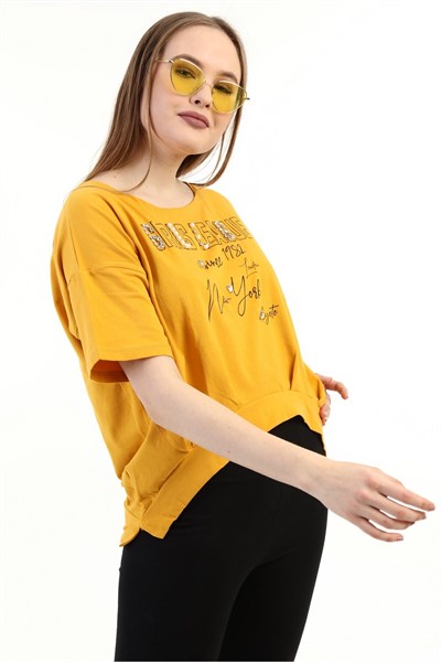 Kadın Baskılı Taşlı Sarı T-shirt 20009