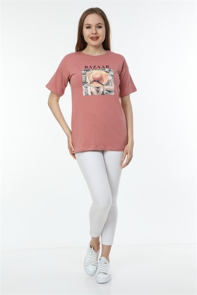 Kadın Bazaar Baskılı Gül Kurusu T-shirt 20093