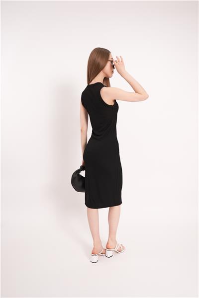 Kadın Bel Dekolteli Kaşkorse Yazlık Elbise Bodycon Yırtmaçlı  24061 Siyah