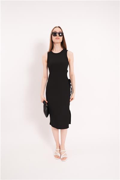 Kadın Bel Dekolteli Kaşkorse Yazlık Elbise Bodycon Yırtmaçlı  24061 Siyah