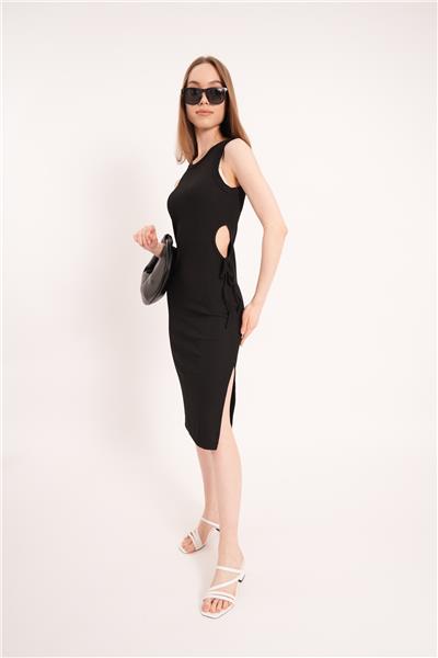 Kadın Bel Dekolteli Kaşkorse Yazlık Elbise Bodycon Yırtmaçlı  24061 Siyah