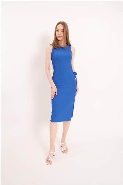 Kadın Bel Dekolteli Kaşkorse Yazlık Elbise Bodycon Yırtmaçlı 24061 Saks